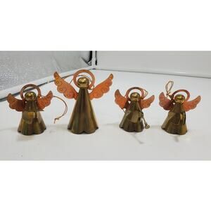 Vintage Brass Christmas Ornaments Etched 3D Gold Angels - Hong Kong - Lot of 4
